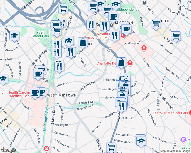 map of restaurants, bars, coffee shops, grocery stores, and more near in Charlotte