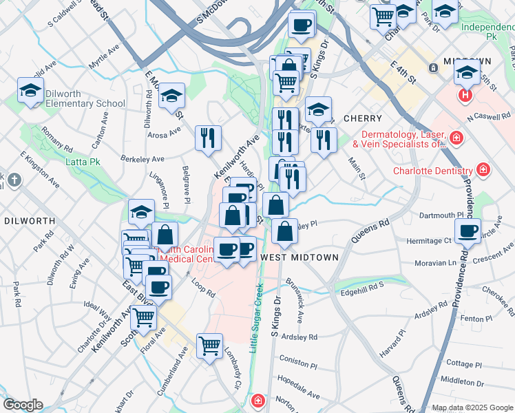 map of restaurants, bars, coffee shops, grocery stores, and more near in Charlotte