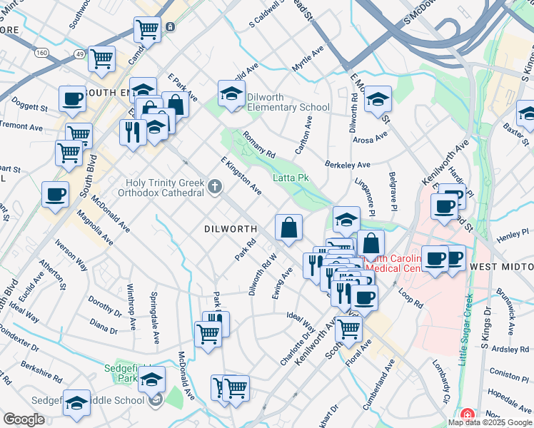 map of restaurants, bars, coffee shops, grocery stores, and more near 821 East Boulevard in Charlotte