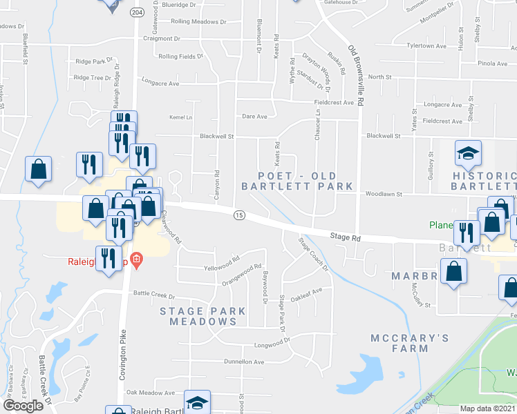 map of restaurants, bars, coffee shops, grocery stores, and more near 5266 Stage Road in Bartlett