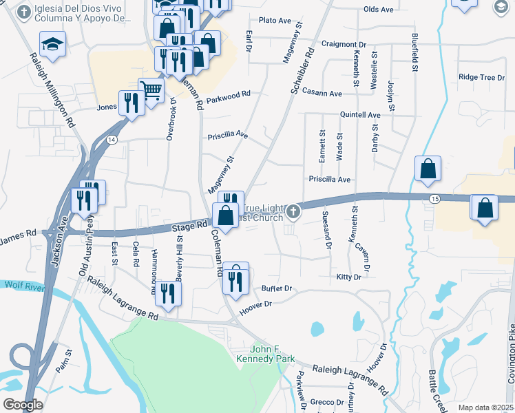map of restaurants, bars, coffee shops, grocery stores, and more near 4544 Stage Road in Memphis
