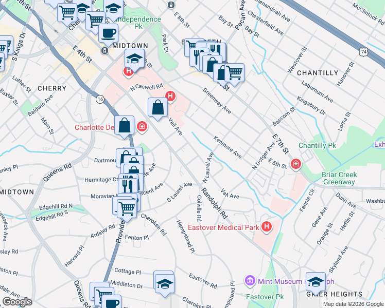 map of restaurants, bars, coffee shops, grocery stores, and more near in Charlotte