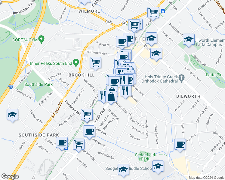 map of restaurants, bars, coffee shops, grocery stores, and more near 2222 South Boulevard in Charlotte