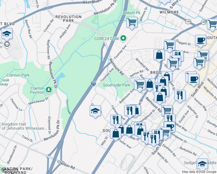 map of restaurants, bars, coffee shops, grocery stores, and more near 638 Chicago Avenue in Charlotte