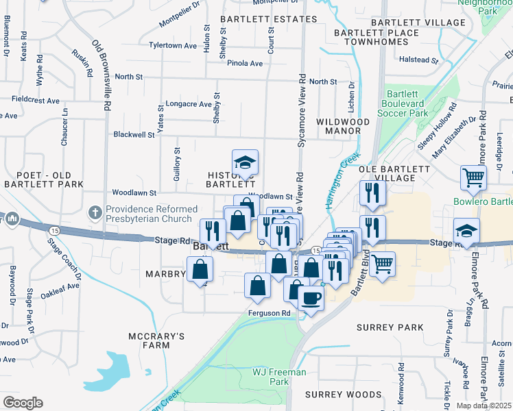 map of restaurants, bars, coffee shops, grocery stores, and more near 2969 Bartlett Crest Drive in Bartlett