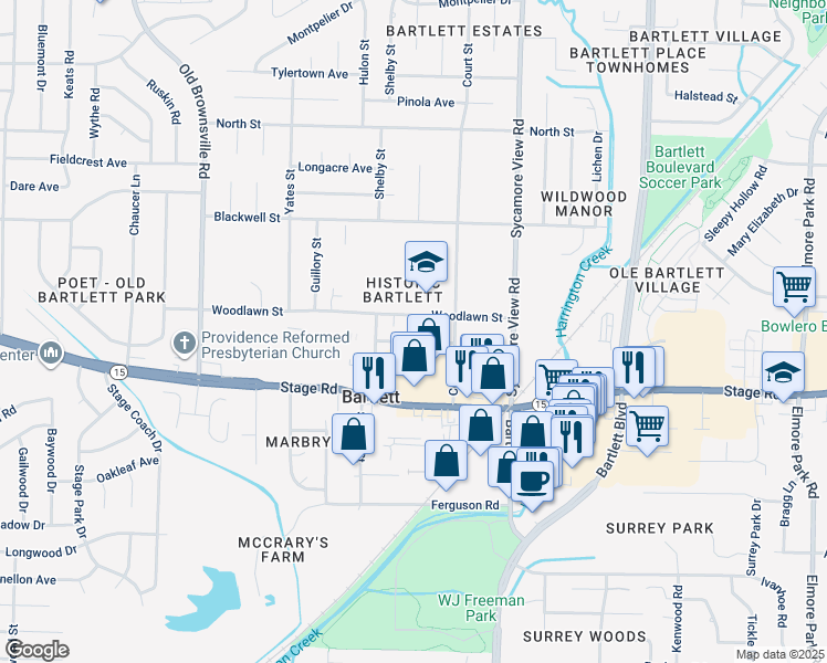 map of restaurants, bars, coffee shops, grocery stores, and more near 5727 Woodlawn Street in Bartlett