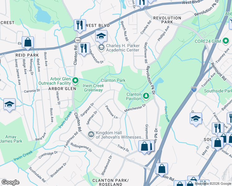 map of restaurants, bars, coffee shops, grocery stores, and more near 3001 Barfield Drive in Charlotte