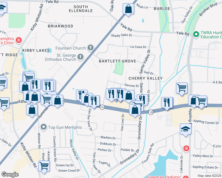 map of restaurants, bars, coffee shops, grocery stores, and more near 2967 Crowell Street in Memphis