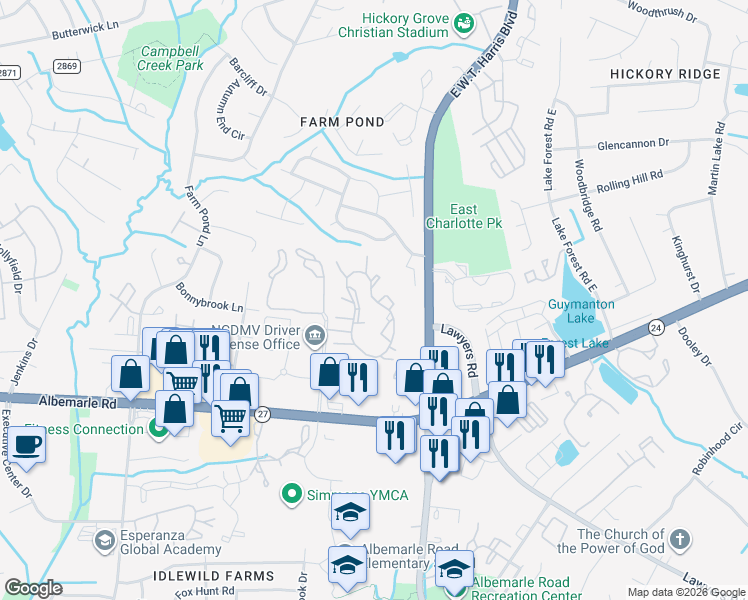 map of restaurants, bars, coffee shops, grocery stores, and more near in Charlotte