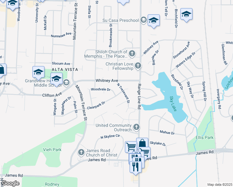 map of restaurants, bars, coffee shops, grocery stores, and more near 2548 Clearpark Drive in Memphis