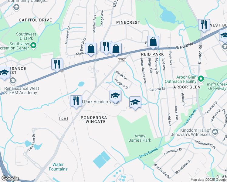 map of restaurants, bars, coffee shops, grocery stores, and more near 2936 Cross Roads Place in Charlotte