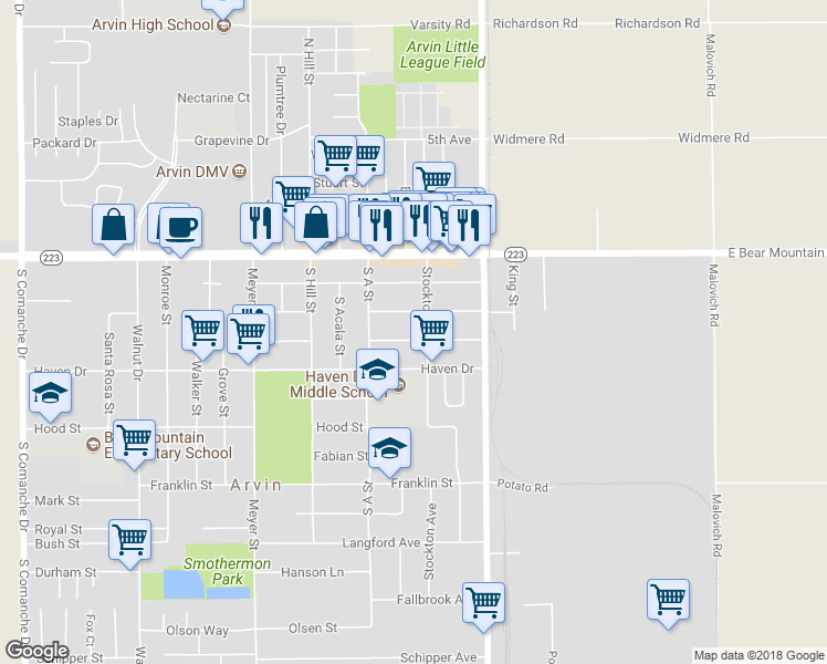 map of restaurants, bars, coffee shops, grocery stores, and more near 316 Laurel Avenue in Arvin