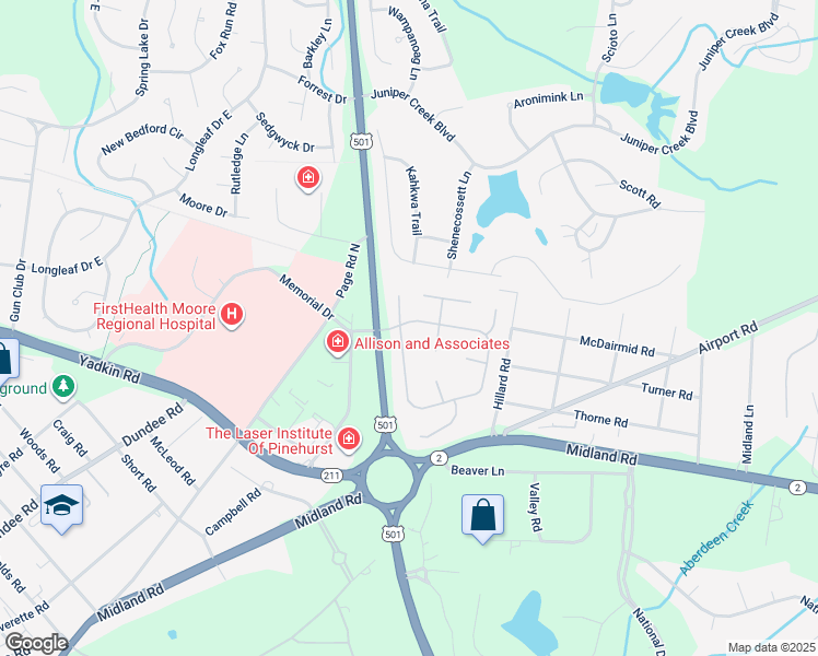 map of restaurants, bars, coffee shops, grocery stores, and more near 580 Pinehurst Trace Drive in Pinehurst