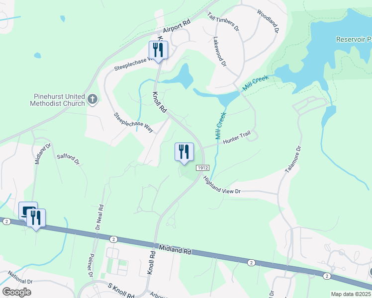 map of restaurants, bars, coffee shops, grocery stores, and more near 46 Knoll Road in Southern Pines