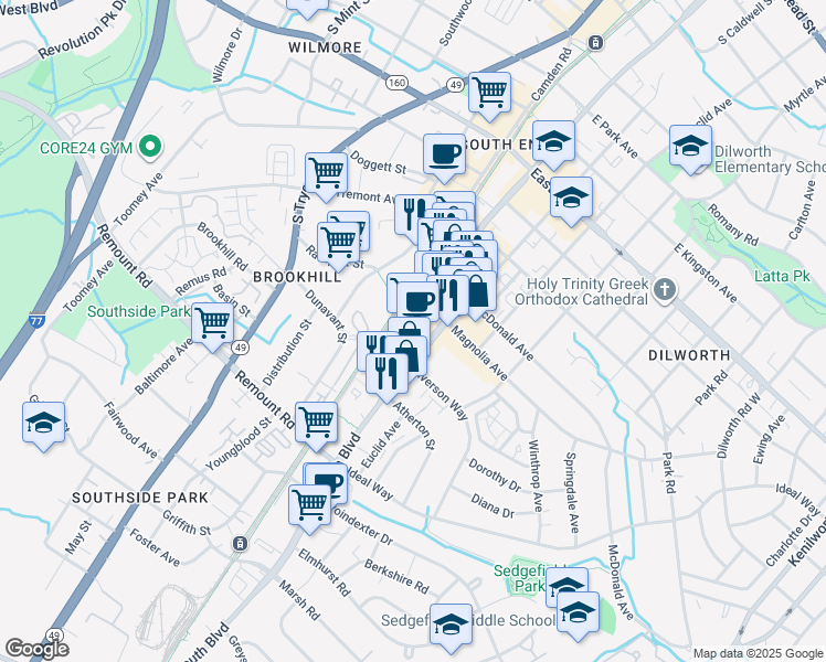 map of restaurants, bars, coffee shops, grocery stores, and more near 2222 South Boulevard in Charlotte