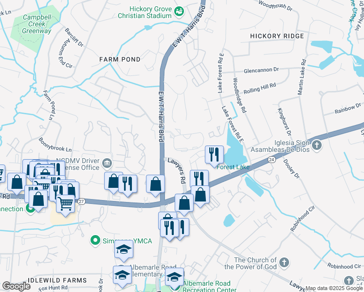 map of restaurants, bars, coffee shops, grocery stores, and more near 8401 Parkland Circle in Charlotte