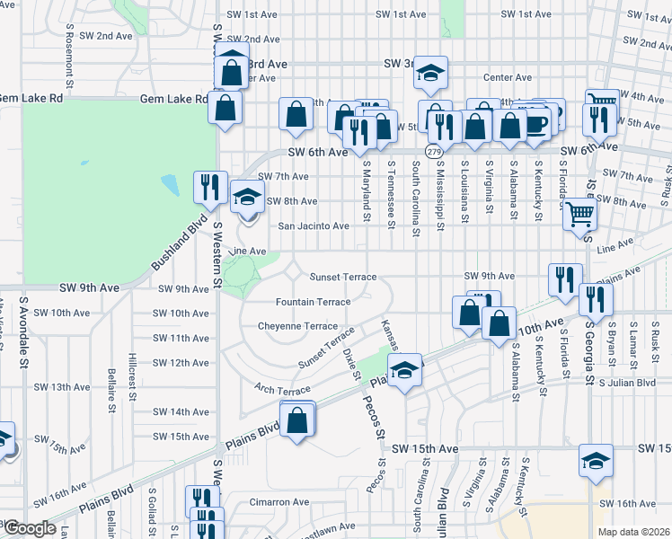 map of restaurants, bars, coffee shops, grocery stores, and more near 1004 Sunset Terrace in Amarillo