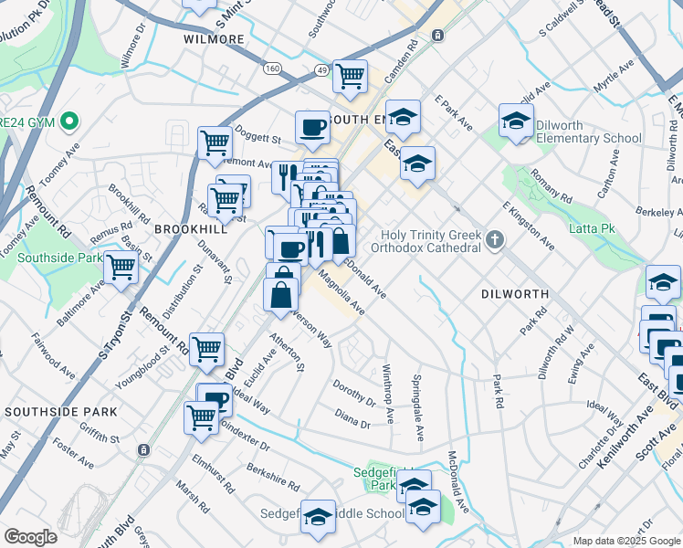 map of restaurants, bars, coffee shops, grocery stores, and more near in Charlotte