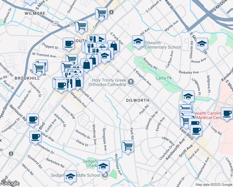 map of restaurants, bars, coffee shops, grocery stores, and more near 1919 Winthrop Avenue in Charlotte