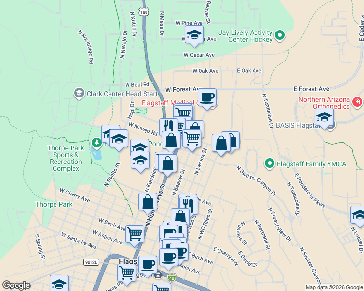 map of restaurants, bars, coffee shops, grocery stores, and more near 905 North Beaver Street in Flagstaff