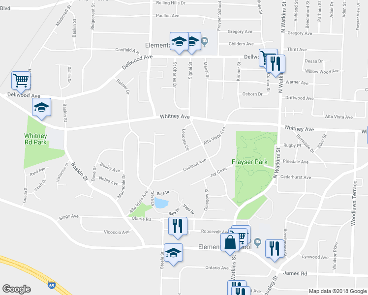 map of restaurants, bars, coffee shops, grocery stores, and more near 1552 Alta Vista Avenue in Memphis