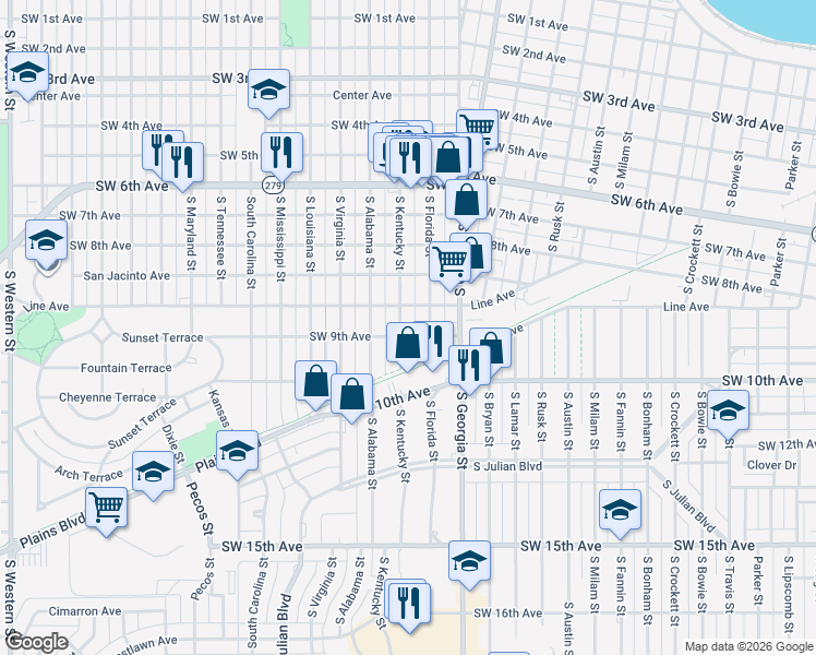 map of restaurants, bars, coffee shops, grocery stores, and more near 2800 Southwest 9th Avenue in Amarillo