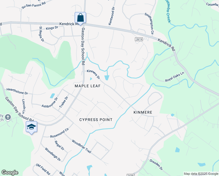 map of restaurants, bars, coffee shops, grocery stores, and more near 2425 Kinmere Road in Gastonia