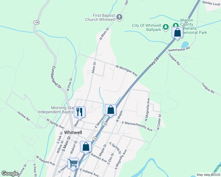 map of restaurants, bars, coffee shops, grocery stores, and more near 338 Kelly Street in Whitwell