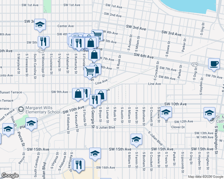 map of restaurants, bars, coffee shops, grocery stores, and more near 908 South Rusk Street in Amarillo