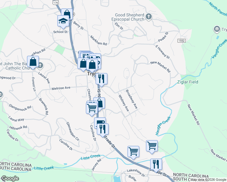 map of restaurants, bars, coffee shops, grocery stores, and more near 140 New Market Road in Tryon