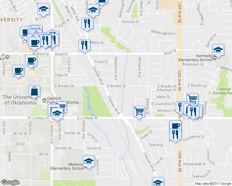map of restaurants, bars, coffee shops, grocery stores, and more near 1817 Oklahoma Ave in Norman