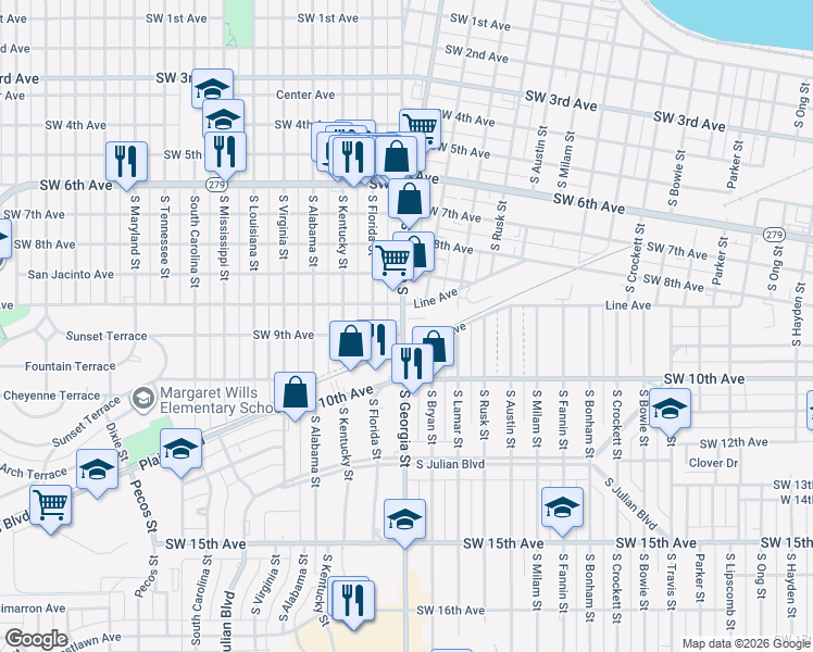 map of restaurants, bars, coffee shops, grocery stores, and more near 832 South Georgia Street in Amarillo