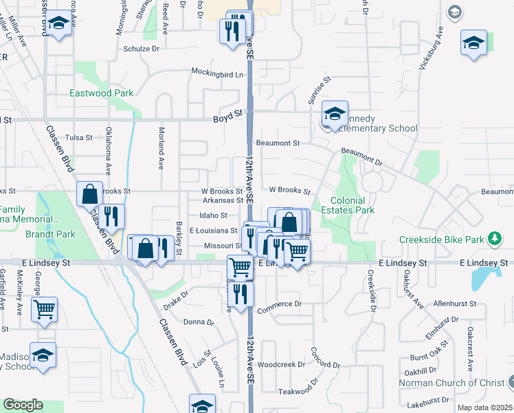 map of restaurants, bars, coffee shops, grocery stores, and more near 1012 Montgomery Circle in Norman