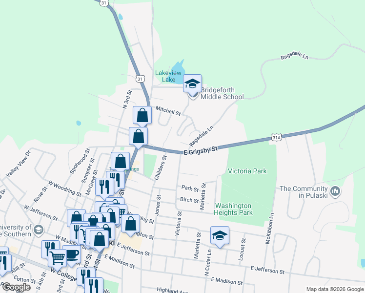 map of restaurants, bars, coffee shops, grocery stores, and more near 420 East Grigsby Street in Pulaski