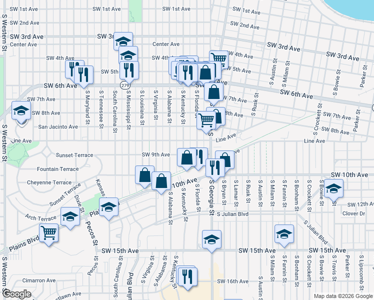 map of restaurants, bars, coffee shops, grocery stores, and more near 2800 Southwest 9th Avenue in Amarillo