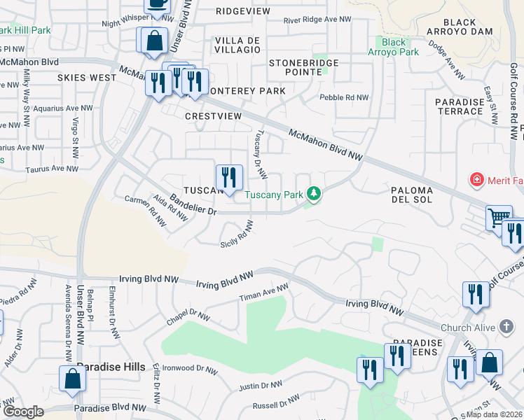 map of restaurants, bars, coffee shops, grocery stores, and more near 10439 Tuscany Court Northwest in Albuquerque