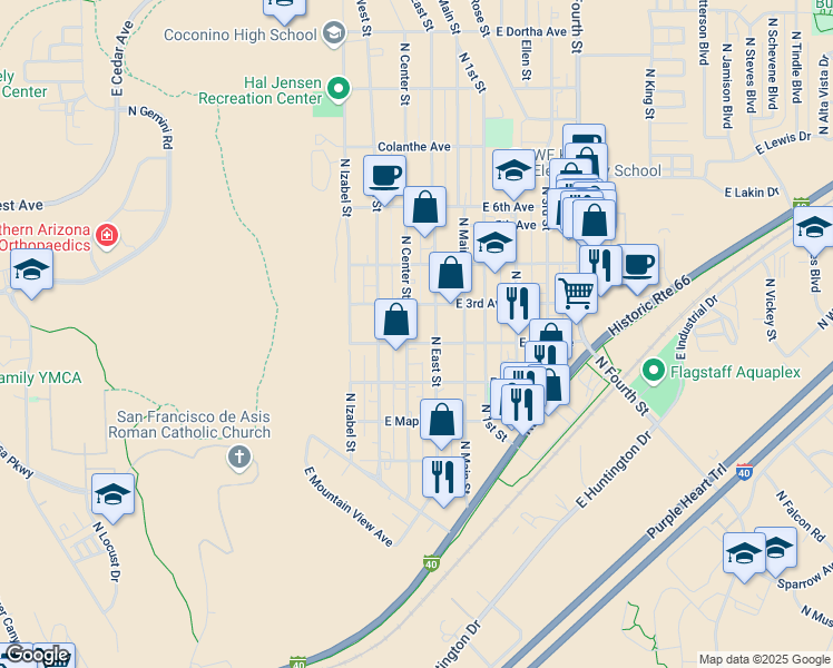 map of restaurants, bars, coffee shops, grocery stores, and more near 1901 North East Street in Flagstaff