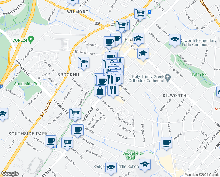 map of restaurants, bars, coffee shops, grocery stores, and more near 214 Magnolia Avenue in Charlotte