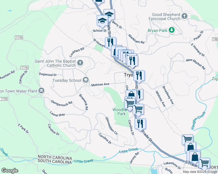 map of restaurants, bars, coffee shops, grocery stores, and more near 175 Melrose Circle in Tryon