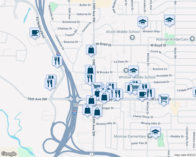 map of restaurants, bars, coffee shops, grocery stores, and more near 917 24th Avenue Southwest in Norman