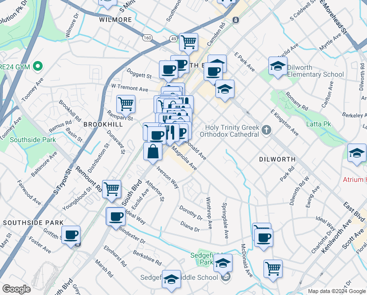 map of restaurants, bars, coffee shops, grocery stores, and more near 214 Magnolia Avenue in Charlotte