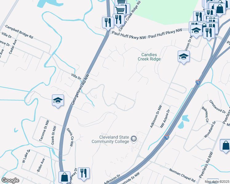 map of restaurants, bars, coffee shops, grocery stores, and more near 1791 Overdale Drive Northwest in Cleveland