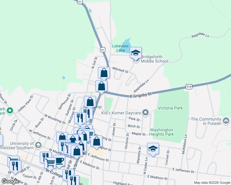 map of restaurants, bars, coffee shops, grocery stores, and more near 232 East Grigsby Street in Pulaski