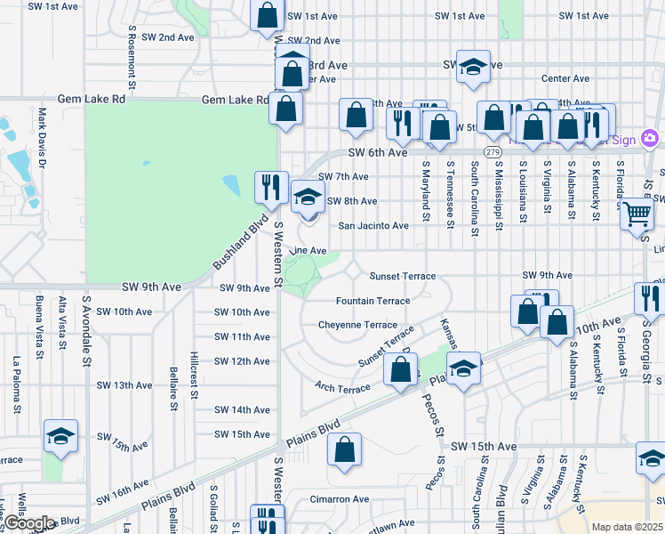 map of restaurants, bars, coffee shops, grocery stores, and more near 108 Sunset Terrace in Amarillo