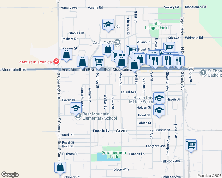 map of restaurants, bars, coffee shops, grocery stores, and more near 325 Grove Street in Arvin