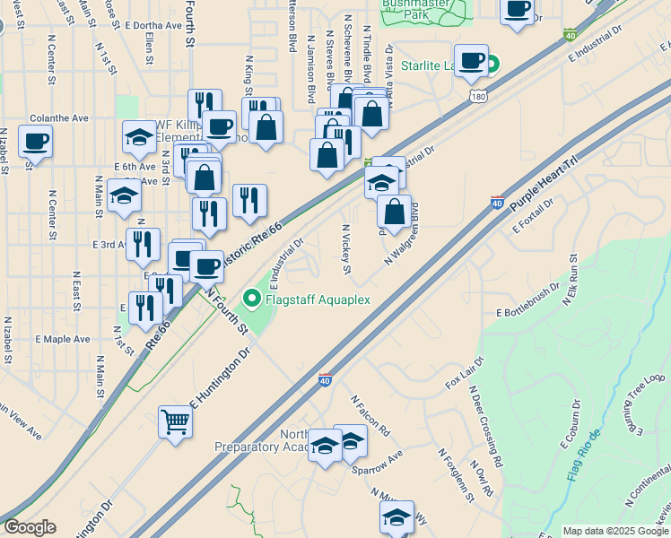 map of restaurants, bars, coffee shops, grocery stores, and more near 2187 North Vickey Street in Flagstaff