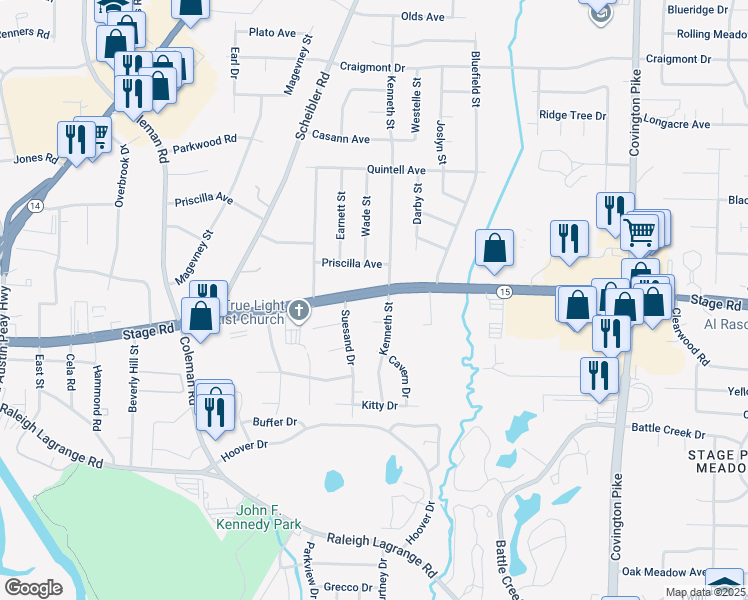 map of restaurants, bars, coffee shops, grocery stores, and more near 4725 Stage Road in Memphis