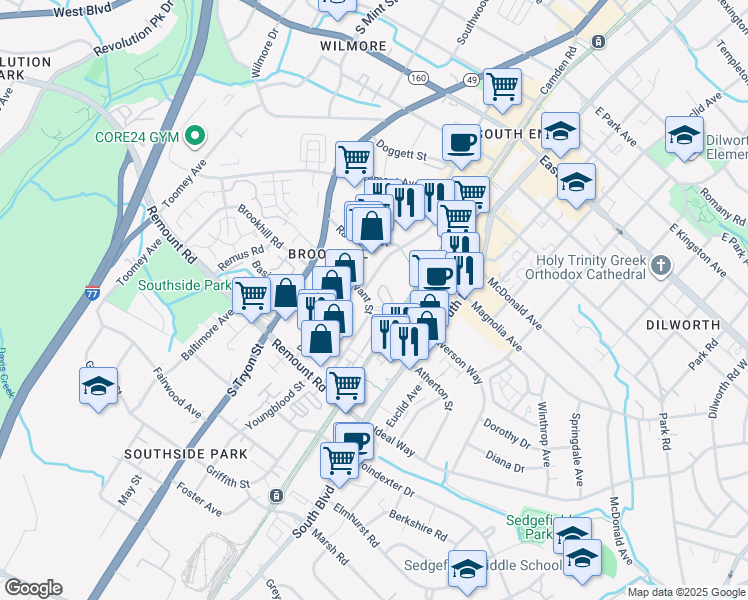 map of restaurants, bars, coffee shops, grocery stores, and more near 1632 Mainline Boulevard in Charlotte