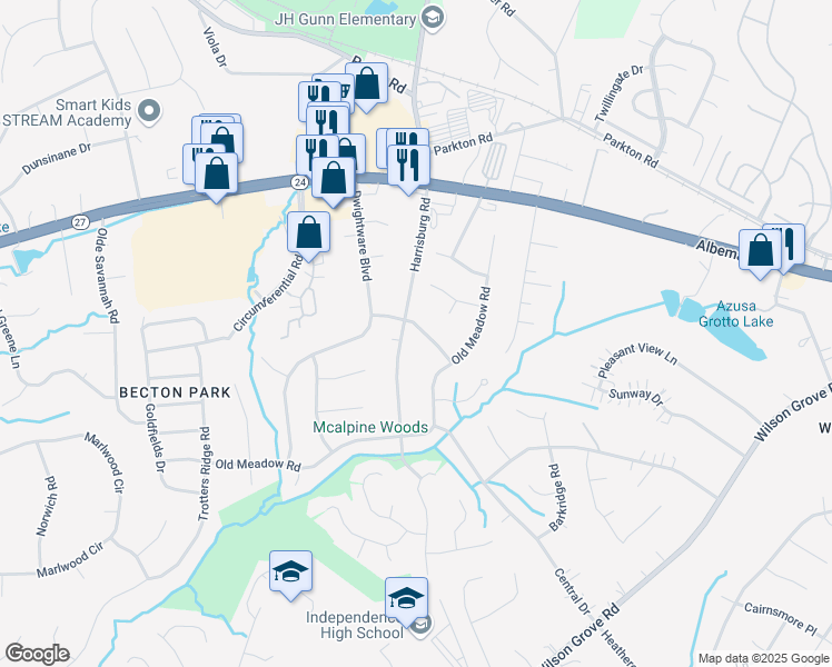 map of restaurants, bars, coffee shops, grocery stores, and more near 9218 Shackleford Terrace in Charlotte