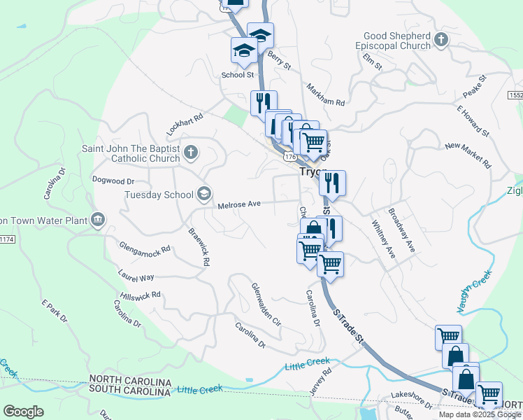 map of restaurants, bars, coffee shops, grocery stores, and more near 135 Melrose Avenue in Tryon